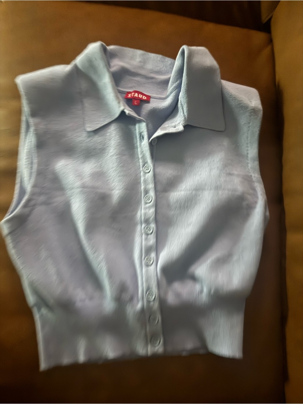 STAUD Nola Light Blue Sleeveless Collared Button-Front Crop Top - Picture 4 of 5